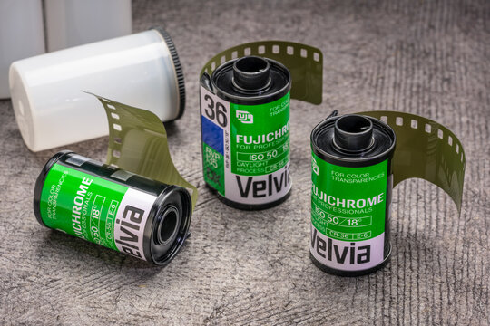 Rolls of 35mm Fujichrome Velvia fim. This very saturated color slide film used to be popular among nature and landscape photographers.