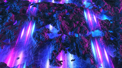 Sci-fi cosmic landscape with neon light 3D render