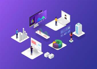 Fototapeta premium People interacting with charts and analysing statistics. Data visualisation concept. 3d isometric vector illustration.