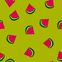 Seamless watermelon slices with yellow background vector illustration pattern design for fabric, textile, gift wrapping, background, wallpaper, bullet journal, scrapbooking