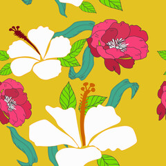 Seamless Tropical Floral pattern design vector illustration flower with yellow background for fabrics, textiles, bullet journal, scrapbooking, wallpaper 