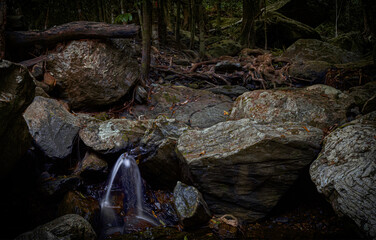 A magic time in the rainforest. Several small falls dropping from mossy rocks.  The Stoney Creek, Kamerunga, Cairns, Far North Queensland, Australia. 