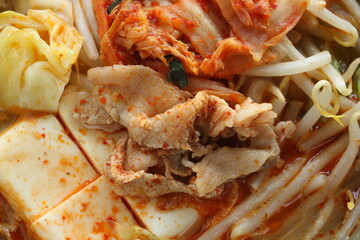 Korean food, pork and kimchi soy sprout in hot port for winter cuisine