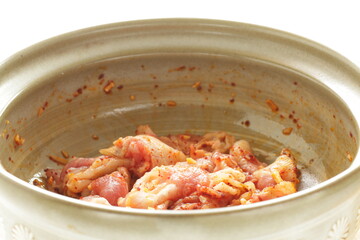 Korean cooking, chili and pork stir fried prepared for hot pot cooking