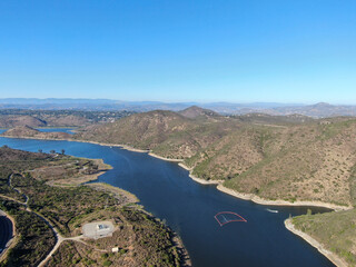 Aerial view of Inland Lake Hodges and Bernardo Mountain, great hiking trail and water activity in Rancho Bernardo East San Diego County, California, USA 