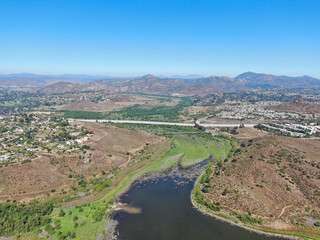 Aerial view of Inland Lake Hodges and Bernardo Mountain, great hiking trail and water activity in Rancho Bernardo East San Diego County, California, USA 