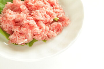 Japanese food, minced tuna fish with copy space