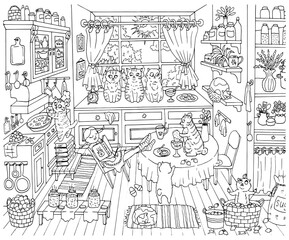 Cute hand drawn vector illustration with old kitchen, pretty sleeping girl and adorable funny bobtail cats helping cook jam, graphic vintage background, line art drawing for coloring book. 