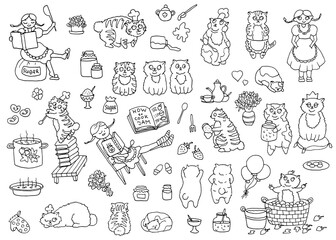 Vector set of adorable characters and mascots, pretty girl and bobtail cats the cooks, kitchen objects. Cute illustrations, black and white collection for funny scene creator with clip art elements
