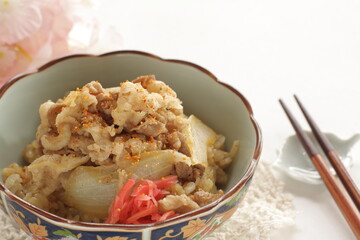 Japanese food, simmered beef and onion on rice