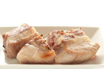 prepared pan fried belly pork on dish with copy space
