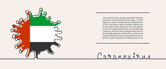Abstract virus silhouette and Coronavirus text in thin line style. Coronavirus virus danger relative illustration. Medical research theme. Virus epidemic alert. Flag of the United Arab Emirates