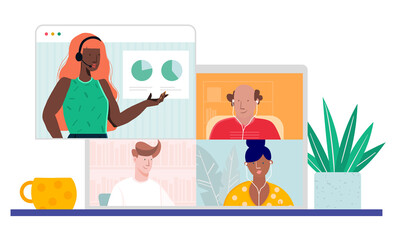 Virtual work concept. A team talking on video conference when working remotely during coronavirus. Isolated flat vector illustration.