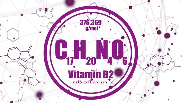 Riboflavin or vitamin b2 chemical formula. Connected lines with dots background.