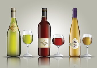 set of wine bottles and glasses