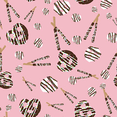 chocolate covered pretzels and stick pretzels seamless pattern on pink background design