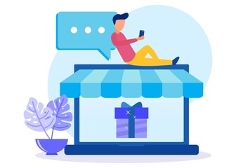 Obraz premium Vector illustration of a business concept, men order goods online, receive messages by telephone, simple and practical, online shop, buying and selling.