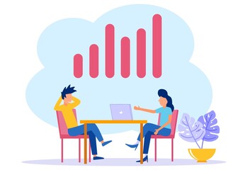 Illustration of business concept vectors. Joint meeting with colleagues. The business team works together at a large desk using a laptop. Graph displayed.