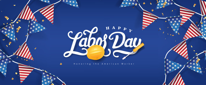 Labor day banner template decor with american flags Garlands decor.Calligraphy of Labor day.