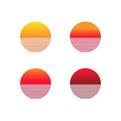 Sunset gradient icon set. Illustration of sun in retro 80s and 90s style. Vector on isolated white background. EPS 10.