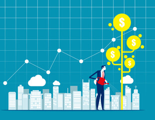Watering a money tree. Business financial concept. Business cartoon vector illustration style
