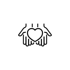 Heart in palms thin line icon. Hands give a heart. Love or health care concept. Charity volunteer symbol, logo. Vector on isolated white background. EPS 10.