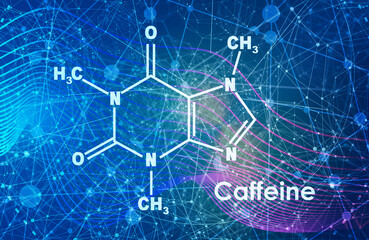 Chemical molecular formula of caffeine. Connected lines with dots background.