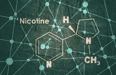 Chemical molecular formula of nicotine. Connected lines with dots background