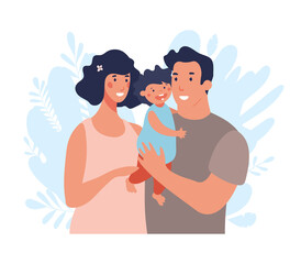 Happy young family with toddler. Mom and Dad are hugging and taking care of the baby. Flat vector illustration isolated on white background