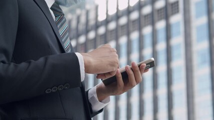 side view of hand businessman using smartphone and wear mask - Powered by Adobe