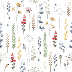 Fototapety  Akwarela kwiatowy wzór z kolorowych kwiatów, liści i roślin. Ilustracja na białym tle w stylu vintage.