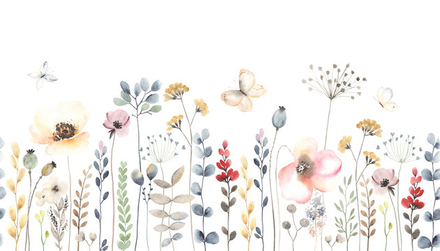 Watercolor floral seamless pattern with colorful wildflowers, leaves, plants and flying butterflies. Panoramic horizontal isolated illustration. Garden background in vintage style. © Nikole