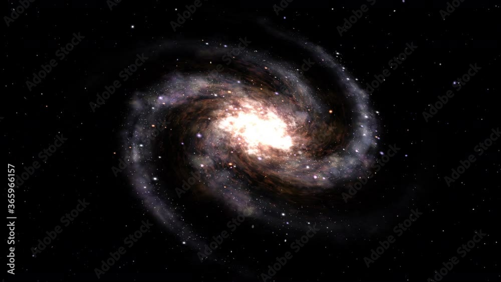 Wall mural 3d render: slow dolly push forward on a spinning spiral galaxy floating on a starry background