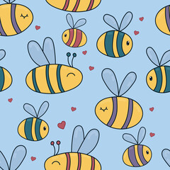 cute bees with wings, hearts on a blue background, vector children picture, seamless pattern