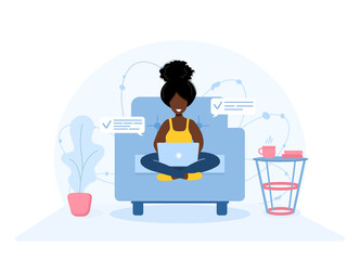 Women freelance. African girl with laptop sitting on armchair. Concept illustration for working, studying, education, work from home, healthy lifestyle. Vector illustration in flat style.