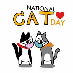 national cat day 2 cats with face mask to prevent coronavirus on white background with words national cat day and heart