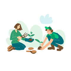 People are planting plants, gardening. Set of vector flat hand drawn illustrations of people doing garden job - planting, growing and transplant sprouts, self-sufficiency concept.