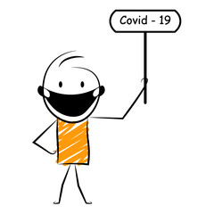 cartoon stickman: Holding board of covid-19. Vector Illustration