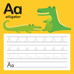 A, ALLIGATOR, Alphabet tracing worksheet for preschool and kindergarten to improve basic writing skills, vector, illustration 