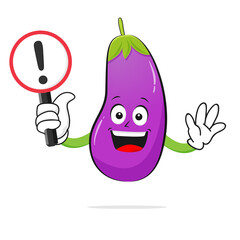 Eggplant character smiles with a warning sign on a white background -vector
