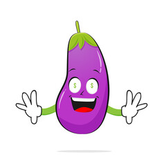 Eggplant character is surprised to see money on a white background - vector