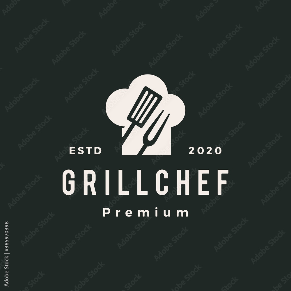 Wall mural grill chef hat restaurant spatula fork hipster vintage logo vector icon illustration