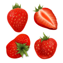 Strawberry Agricultural Tasty Berries Set Vector. Collection In Different Size, Whole And Cut Vitamin Ripe Strawberry Harvest. Diet Natural Juicy Dessert Template Realistic 3d Illustrations