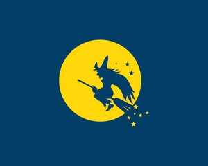 Witch on flying broom with moonlight behind