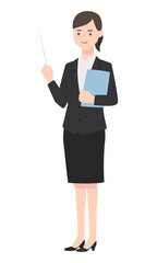 資料と指し棒を持ったスーツ姿の若い女性のイラスト。