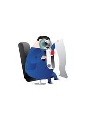 fat businessman with magnifier and bill