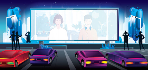 Car Cinema. Outdoor Cinema in City. Large Bright Screen with Movie Scene. Parked Cars.