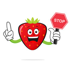 The Strawberries character smiles carrying a stop sign on a white background -vector