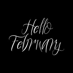 Hello February brush paint hand drawn lettering on black background. Design  templates for greeting cards, overlays, posters