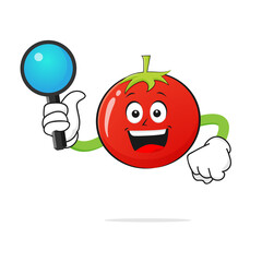 Tomato character smiles holding a magnifying glass with a white background - vector
